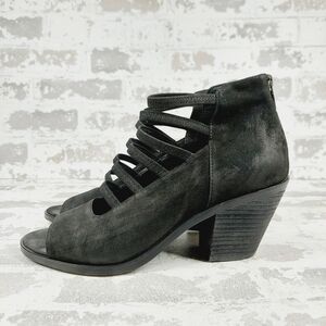Eileen Fisher Black James Nubuck Peep Toe Strappy Block Heel Sandals i972